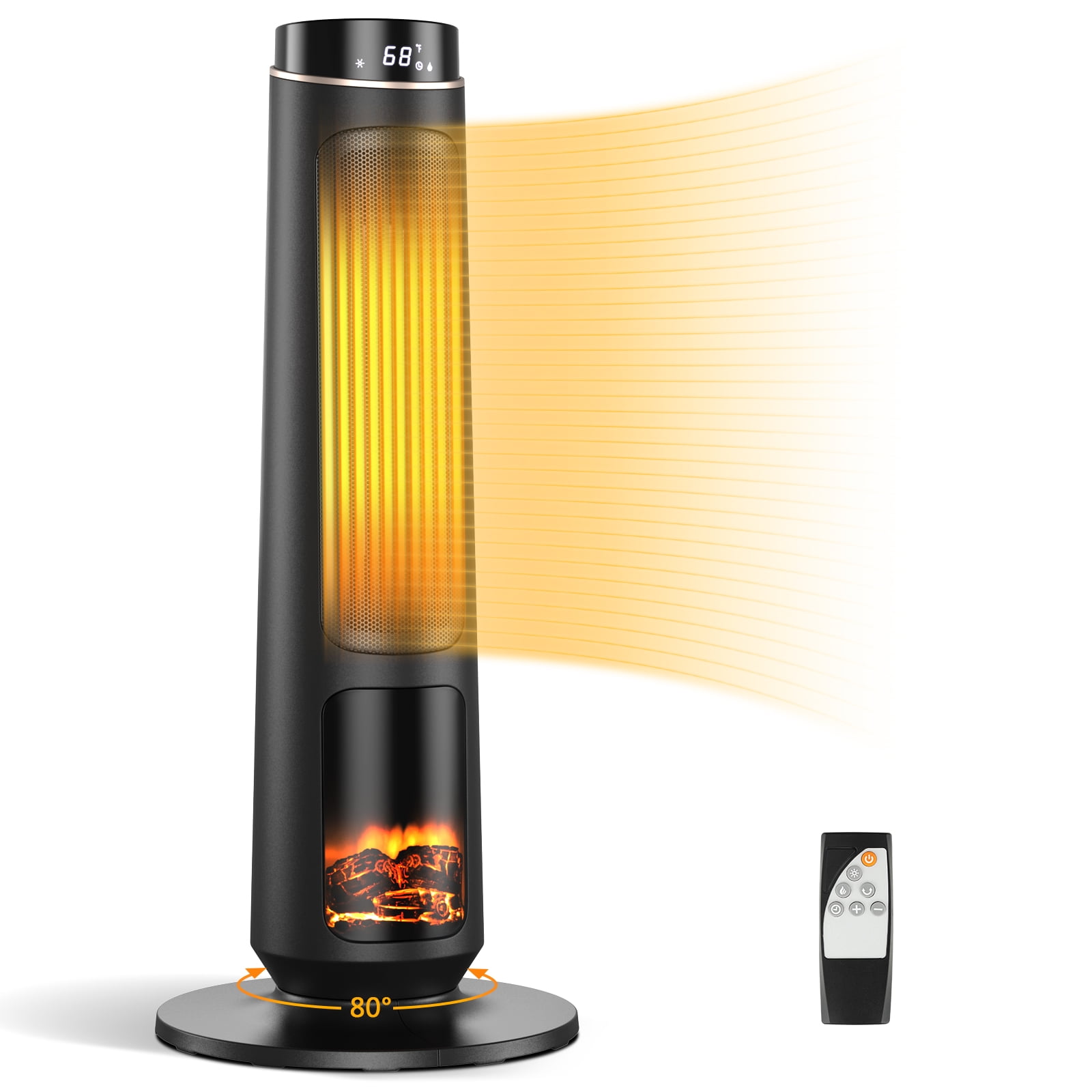 Black Ceramic Electric Space Heater with Thermostat and 3D Flame