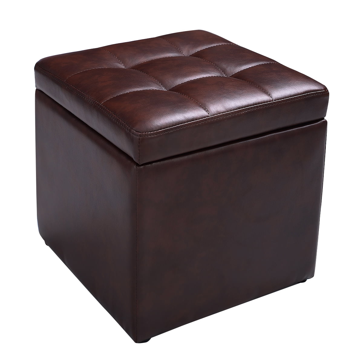 Topbuy 16''Cube Ottoman Storage Box  Pouffe Seat Footstools with Hinge Top Red Brown