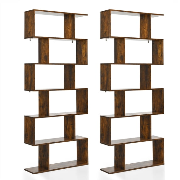 Topbuy 2 PCS 6-Tier S-Shaped Wooden Bookshelf Storage Bookcase Multifunctional Display Stand Shelf Coffee