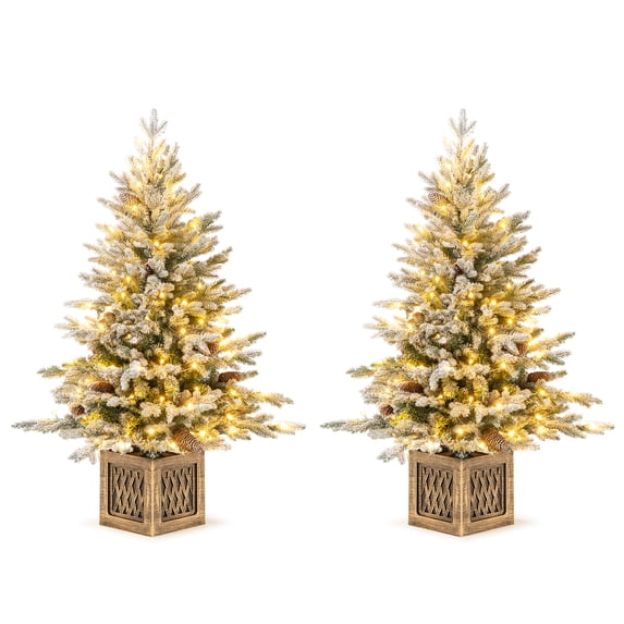 Topbuy 2 Pack 4 FT Pre-lit Artificial Entrance Christmas Tree Faux Snow Flocked Xmas Tree