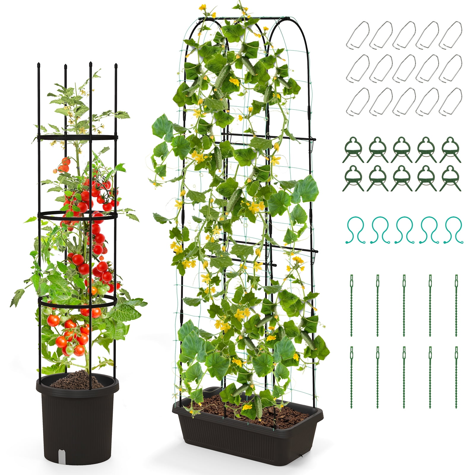 Patiojoy 2-Pack Garden Trellis, 58.5�� Tomato Cage & 71�� Cucumber Trellis w/ Planter Box Self-Priming Irrigation