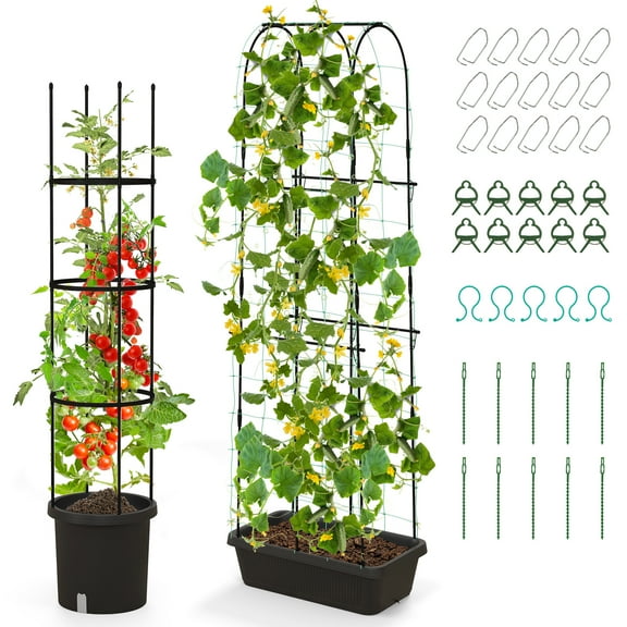 Patiojoy 2-Pack Garden Trellis, 58.5 Tomato Cage & 71 Cucumber Trellis w/ Planter Box Self-Priming Irrigation