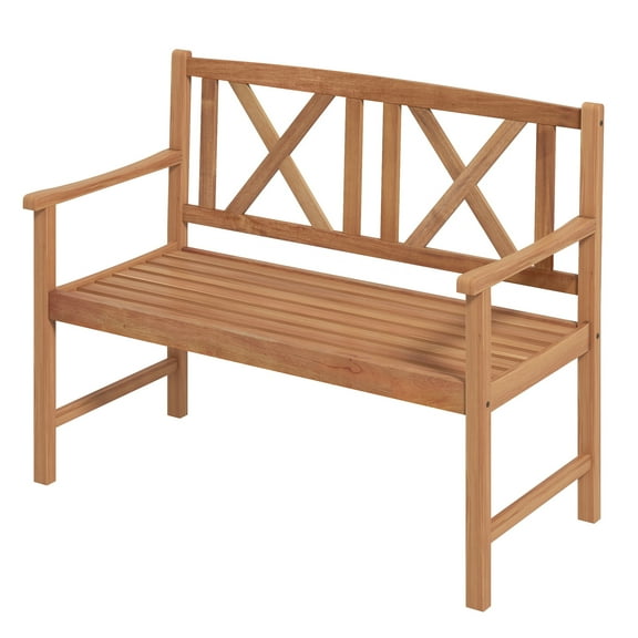 Topbuy 2-Person Acacia Wood Bench Outdoor Slats Loveseat Chair with Armrest Backrest Sturdy Frame 800lbs Load Capacity