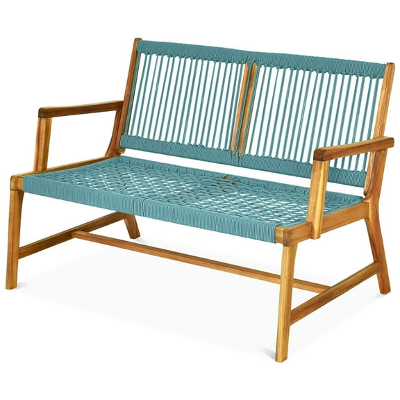 Topbuy 2-Person Outdoor Acacia Wood Bench Patio Loveseat Rope Bench Turquoise