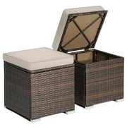 Topbuy 2 Pieces Patio Ottoman Multipurpose Outdoor Wicker Footstool Storage Box Side Table w/ Solid Metal Frame w/ Removable Cushions Beige