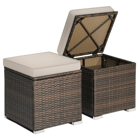 Topbuy 2 Pieces Patio Ottoman Multipurpose Outdoor Wicker Footstool Storage Box Side Table w/ Solid Metal Frame w/ Removable Cushions Beige