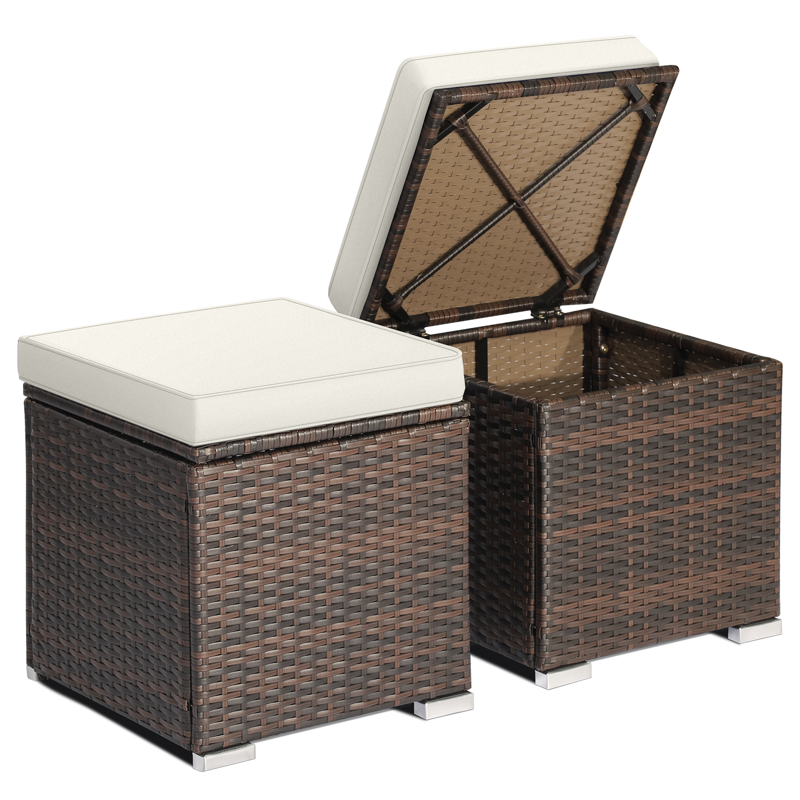 Topbuy 2 Pieces Patio Ottoman Multipurpose Outdoor Wicker Footstool Storage Box Side Table w/ Solid Metal Frame w/ Removable Cushions Off White - image 1 of 7