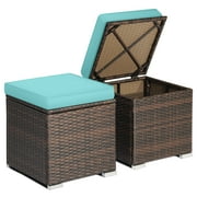 Topbuy 2 Pieces Patio Ottoman Multipurpose Outdoor Wicker Footstool Storage Box Side Table w/ Solid Metal Frame w/ Removable Cushions Turquoise