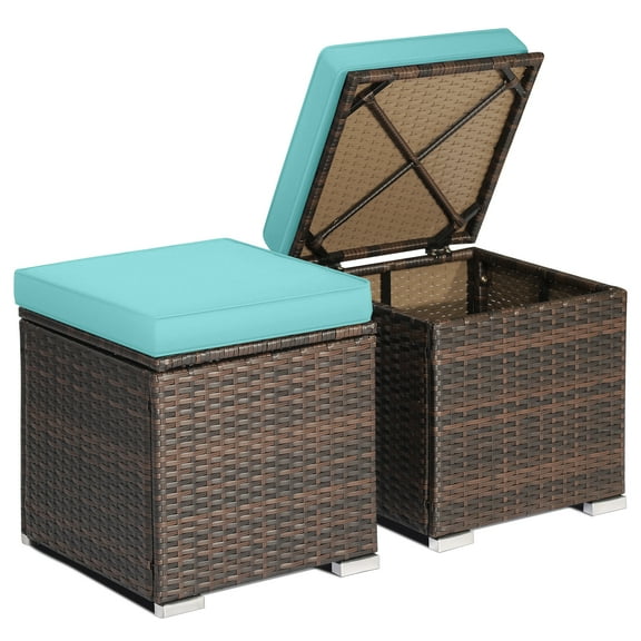 Topbuy 2 Pieces Patio Ottoman Multipurpose Outdoor Wicker Footstool Storage Box Side Table w/ Solid Metal Frame w/ Removable Cushions Turquoise