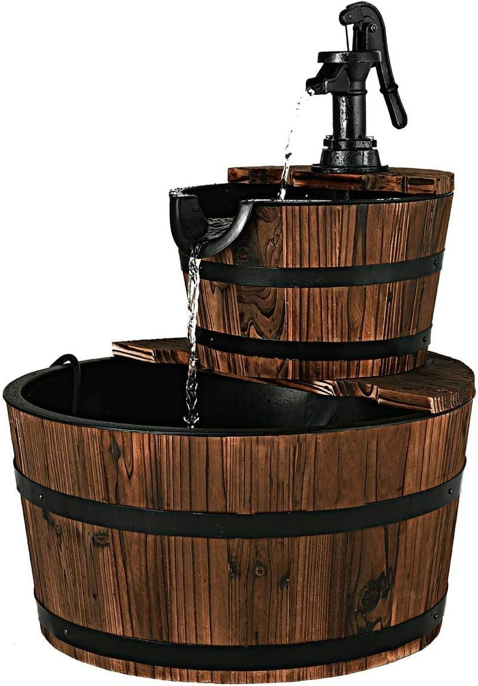 Topbuy 2-Tier Barrel Waterfall Rustic Fountain Barrel Wooden Water Fountain Pump for Garden Patio
