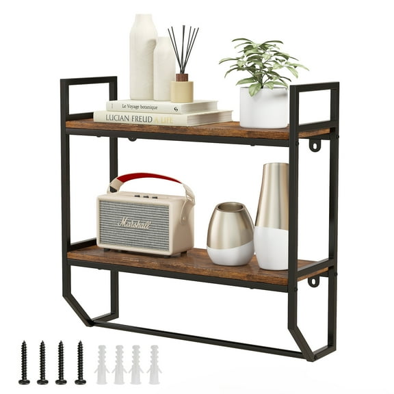 Topbuy 2-Tier Floating Shelving Wall-Mounted Shelf with Hanging Rod Expansion Screws & Metal Frame