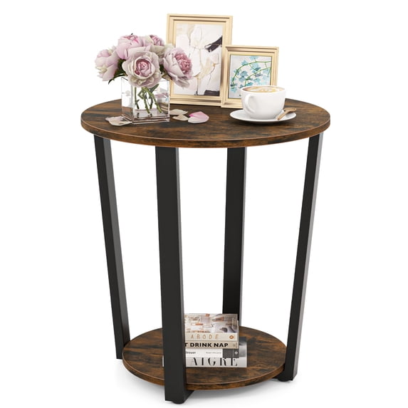 Topbuy 2-Tier Industrial Round End Table Metal Sofa Side Table with Storage Shelf Brown
