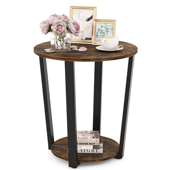 Topbuy 2-Tier Industrial Round End Table Metal Sofa Side Table with Storage Shelf Brown