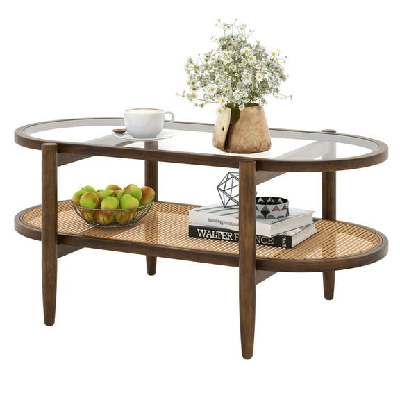 Topbuy 2-Tier Mid-Century Modern Wood Coffee Table with Tabletop & Imitation Rattan Storage Shelf