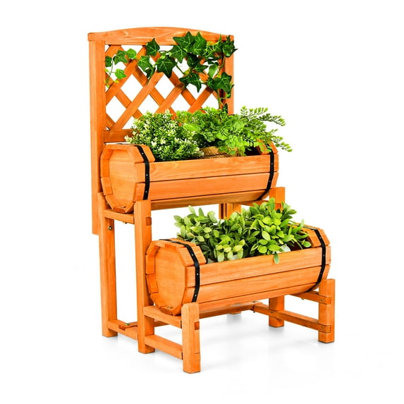 Patiojoy 2-Tier Raised Garden Bed with Trellis Wooden Planter Container with 2 Planter Boxes for Climbing Plants Flower Herb Growing