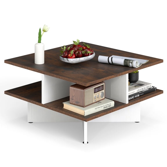 Topbuy 2-Tier Square Coffee Table 24" Living Room Center Table with 4 Storage Compartments