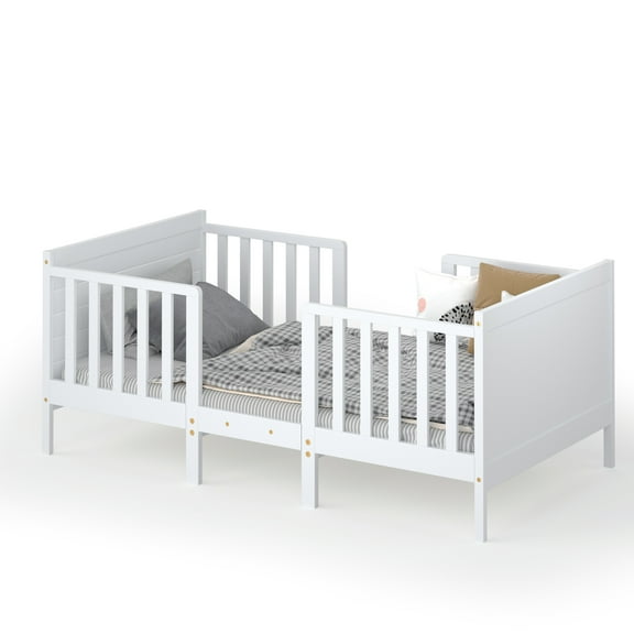 Topbuy 2-in-1 Convertible Kids Furniture Bed Toddler Crib with 2 Side Safety Guardrails White