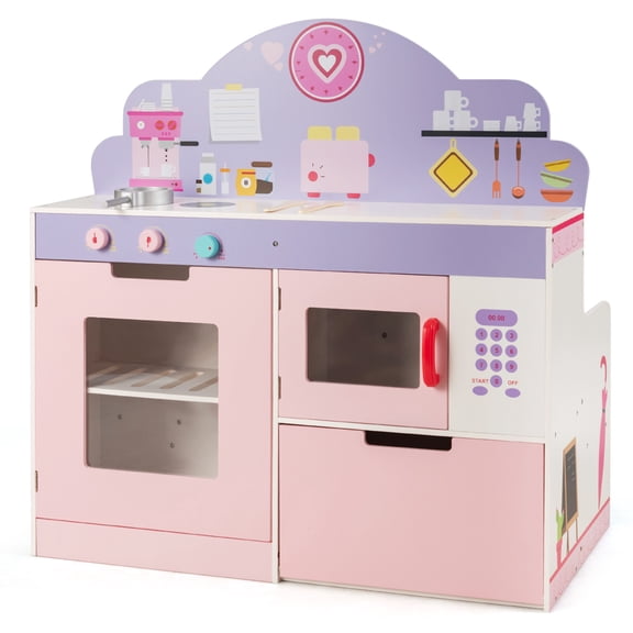 Patiojoy 2 in1 Wood Kids Kitchen Play Set Simulation Cooking Toy Set for Toddler