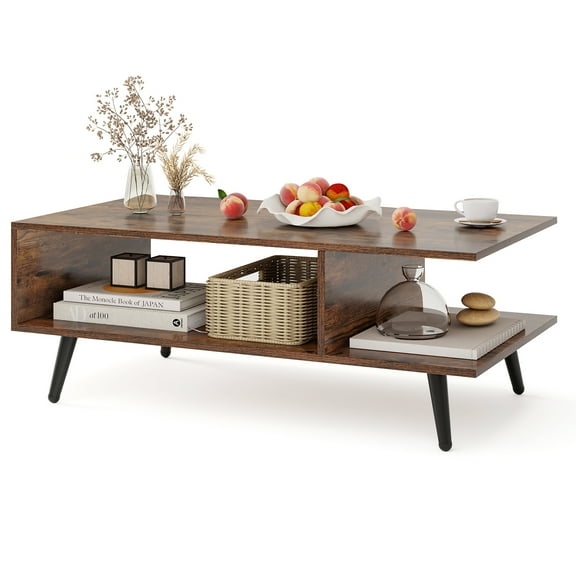 Topbuy 2-tier Coffee Table w/ Storage Home Mid Century Modern Center Table Heavy-duty Metal Frame Tea Table Coffee