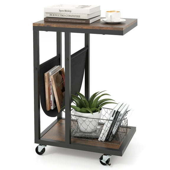 Topbuy 2-tier Side Table C-shaped Bedside Table with Storage Pocket Lockable Casters