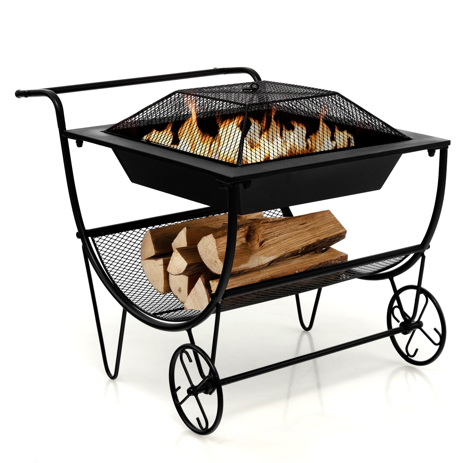 Black Steel Outdoor Fire Pit with Wood Storage Rack and Wheels