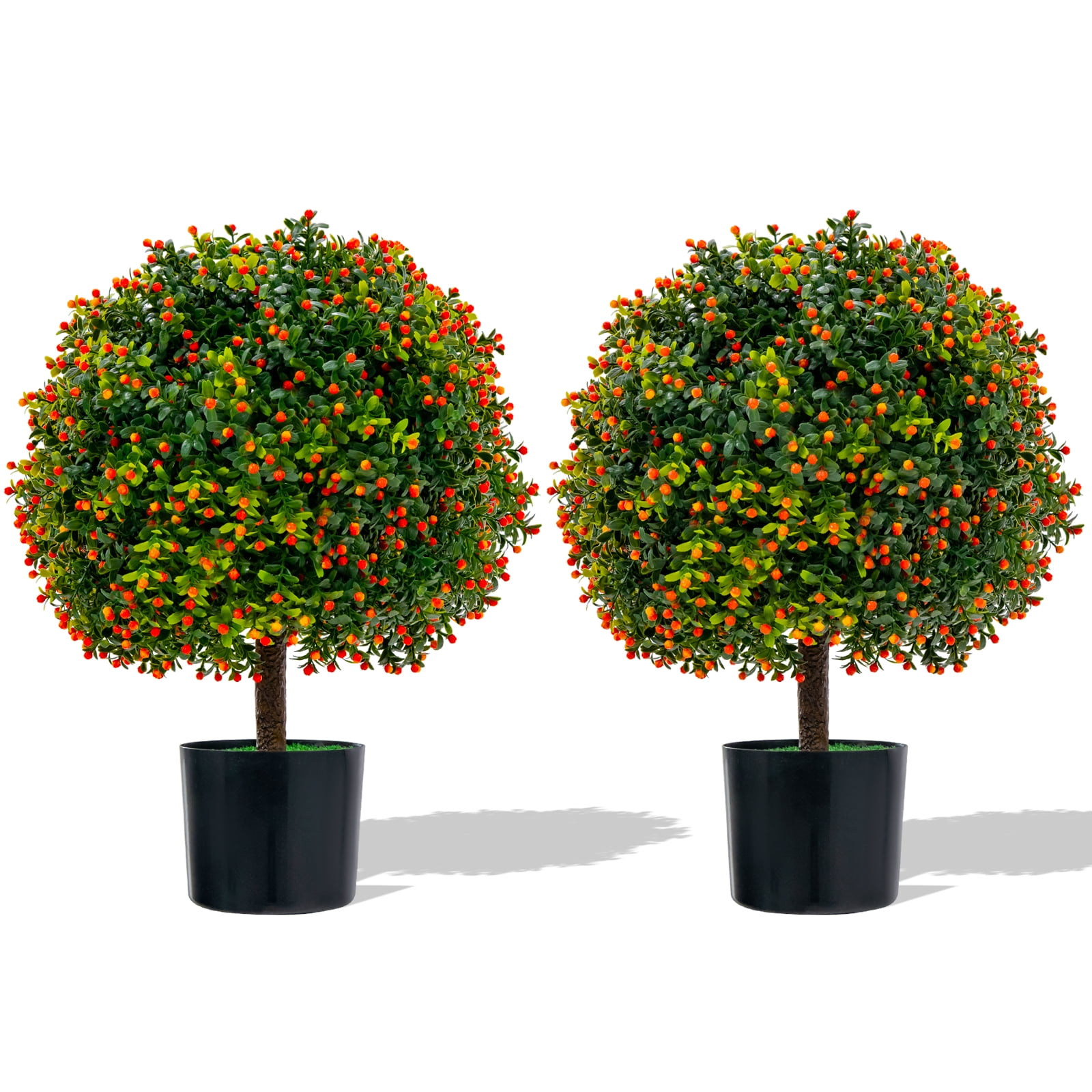 22'' Artificial Boxwood Topiary Ball Tree with Orange Fruits in Cement Pot