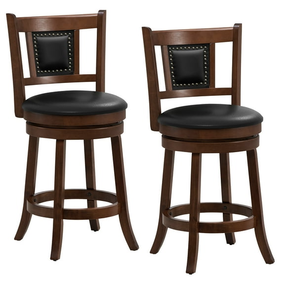 Topbuy 25.5” Upholstered Bar Stools Set of 2 360° Swivel Round Counter/Bar Height Stools w/Curved Backrest & Footrest