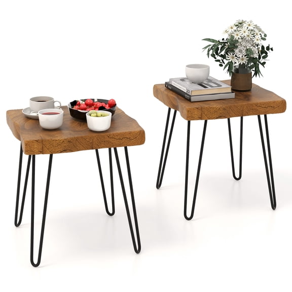 Topbuy 2PCS 16" × 16" Solid Recyle Teak Wood Side Table Indoor Outdoor Square Side Table w/ Metal Legs Solid Wood Patio Table Home End Table