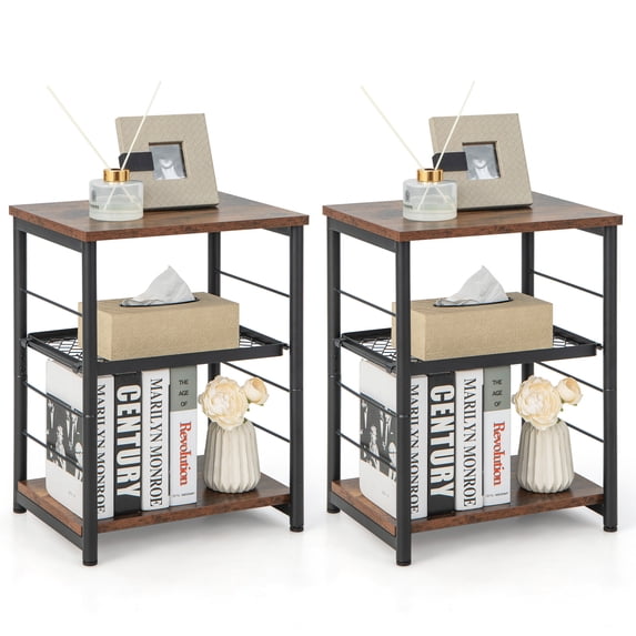 Topbuy 2PCS 3-Tier Industrial Side Table Nightstand with Removable Mesh Metal Shelf Adjustable Leveling Foot Pads End Table