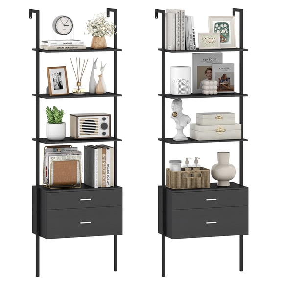 Topbuy 2PCS 6-Tier Ladder Bookcase with 2 Drawers 72.5" Tall Wall-Mounted Bookshelf with Metal Frame