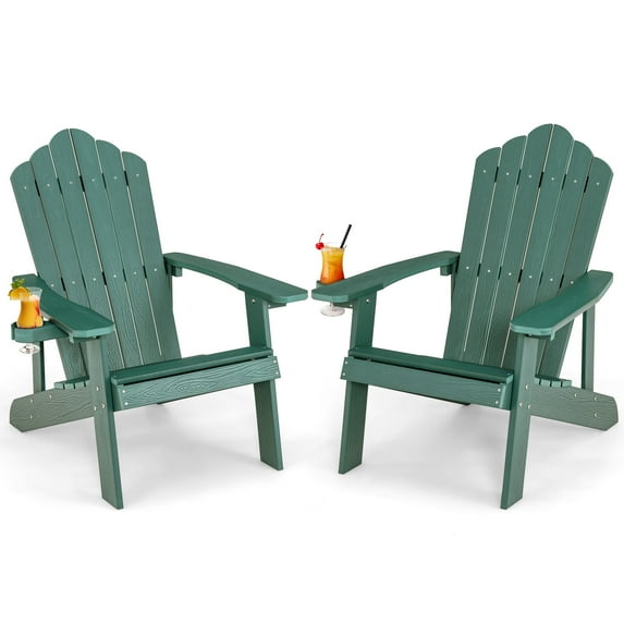 Topbuy 2PCS Adirondack Chair HIPS Chair w/Cup Holder Realistic Wood Grain Weather Resistant Outdoor Chair for 380 LBS Weight Capacity Dark Green