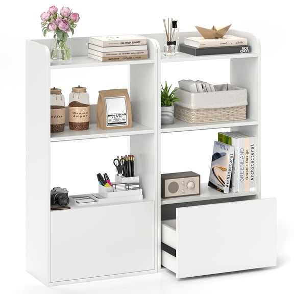 Topbuy 2PCS Bookshelf with Drawer 41.5" Tall Open Shelf Bookcase Freestanding Storage Cabinet Display Rack White
