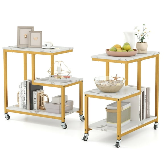 Topbuy 2PCS G-shaped Side Table 3-Tier Mobile End Table with Open Shelves Small Sofa Couch Side Table White