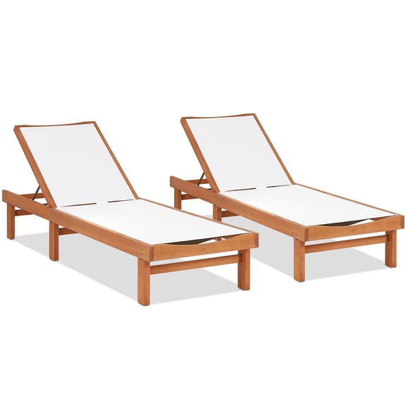 Topbuy 2PCS Outdoor Chaise Lounge Chair, Eucalyptus Wood Recliner w/ 5-Level Backrest, Breathable & Quick Drying Seat Fabric