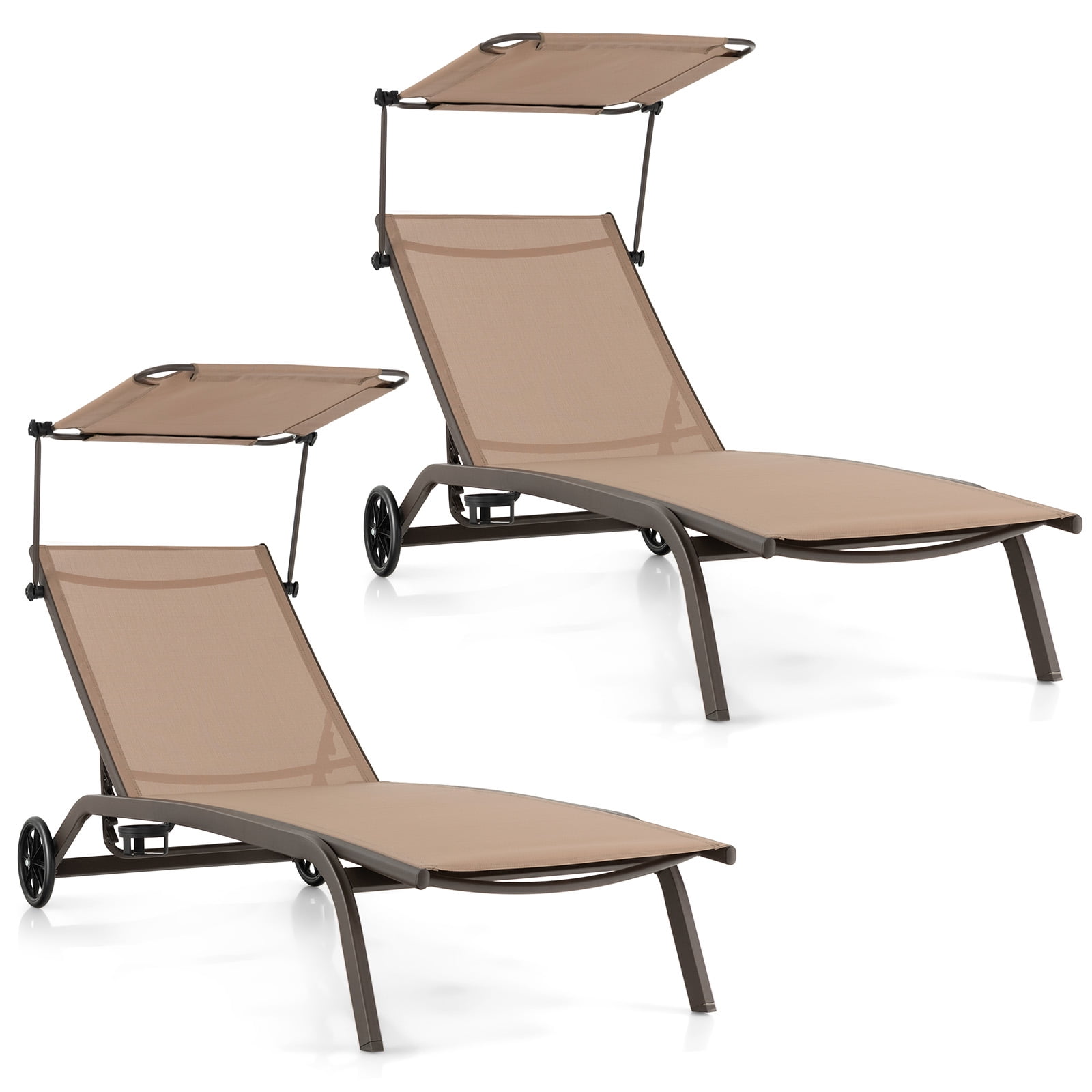 Topbuy 2PCS Outdoor Chaise Lounge Chair Mobile Tanning Chair w/ 6