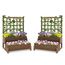 Patiojoy 2Pcs Raised Garden Bed w/ Lattice Trellis Drainage Holes 2-Tier Wooden Elevated Planter Box Stand