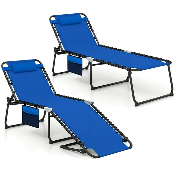 Topbuy 2pc Oversize Folding Chaise Lounge Portable Patio Sun Lounger with Adjustable Backrest Detachable Pillow & Pocket Navy