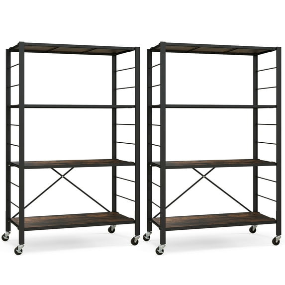 Topbuy 2pcs 4-Tier Foldable Storage Shelf Collapsible Shelving Unit Display w/ Lockable Wheels Storage Rack w/ Adjustable Shelf Heavy-Duty