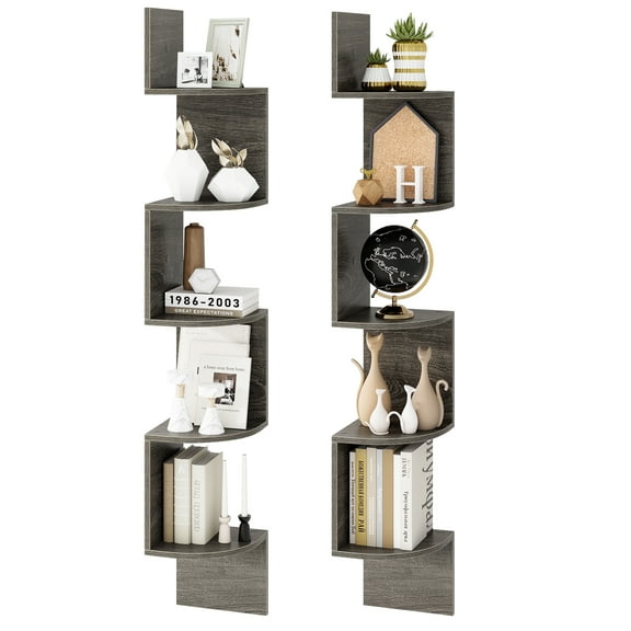 Topbuy 2pcs 5-Tier Corner Shelf Wall Mount Floating Corner Bookshelf Industrial Corner Ladder Shelf Oak