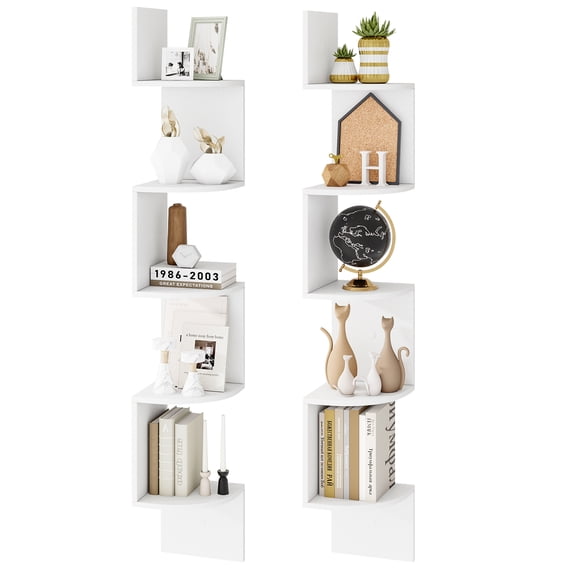 Topbuy 2pcs 5-Tier Corner Shelf Wall Mount Floating Corner Bookshelf Industrial Corner Ladder Shelf White