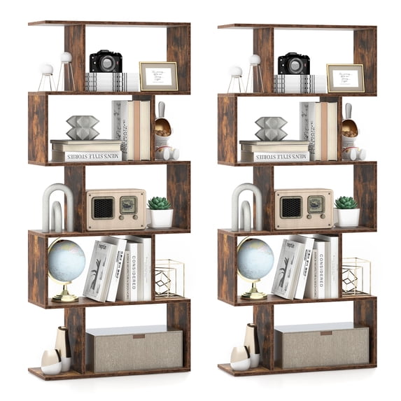 Topbuy 2pcs 5-Tier Geometric Bookshelf Wooden Decorative Display Shelf w/Large Capacity Freestanding S-shaped Bookcase Rustic Brown
