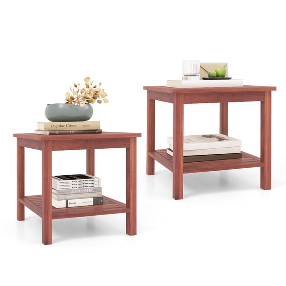 Topbuy 2pcs Patio Side Table Double-Tier Acacia Wood End Table Slatted Tabletop & Shelf Outdoor Small Side Table with Storage