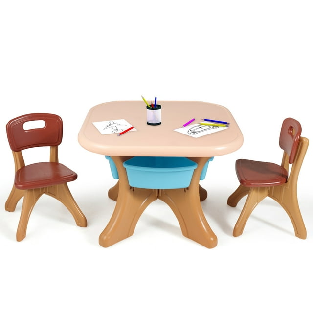 Topbuy 3 PCS Kids Activity Storage Table & Chair Set Coffee