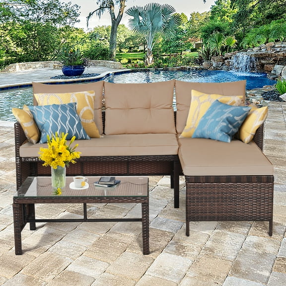 Topbuy 3 Pc Outdoor Patio Sectional Set , Brown Rattan with Table
