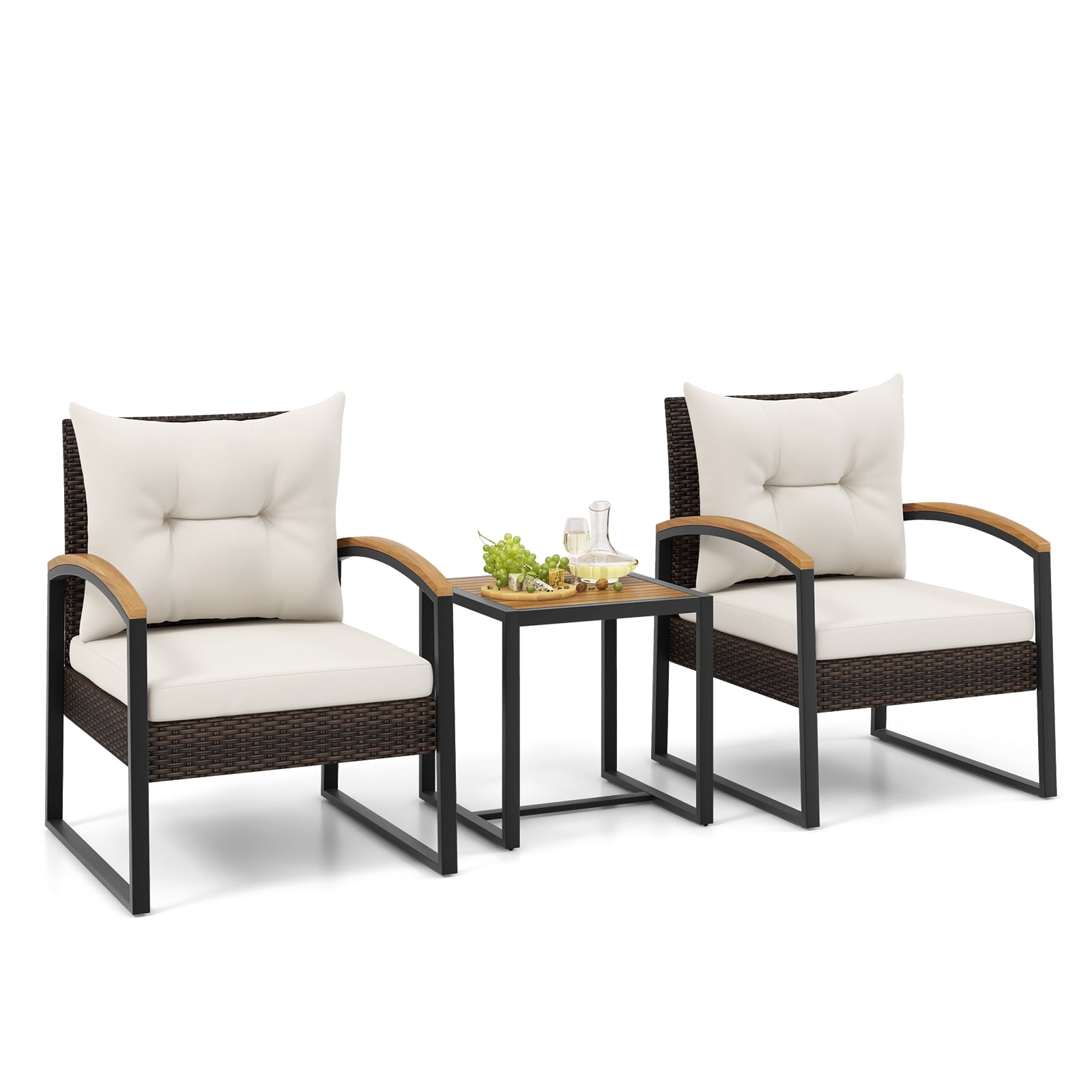 Topbuy 3 Piece Patio Conversation Set 2 Rattan Chairs with Coffee Table Solid Acacia Wood Armrests & Tabletop White