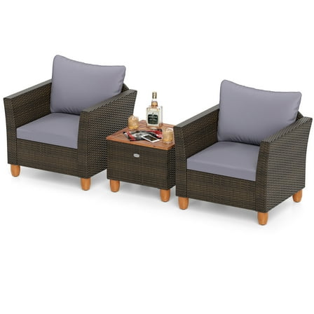 Topbuy 3 Piece Patio Wicker Sofa Set, Outdoor Rattan Furniture Set W/ Acacia Wood Tabletop & Legs Gray