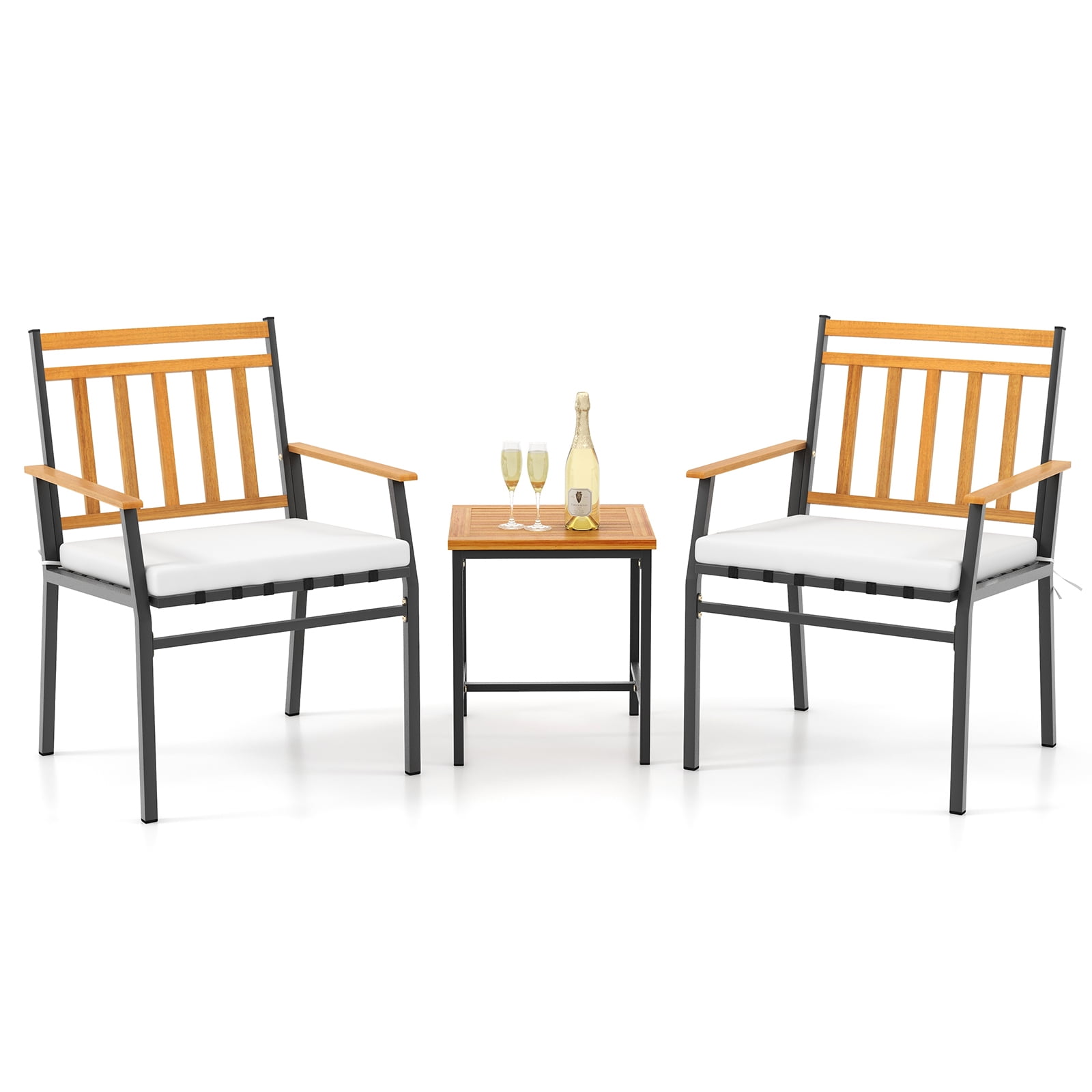 Acacia Wood and Metal 3-Piece Patio Set with Off-White Cushions