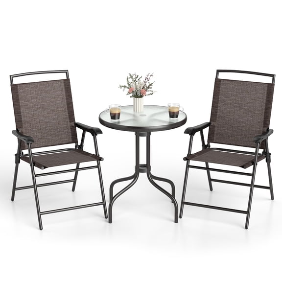 Topbuy 3 Pieces Bistro Set Outdoor Furniture Set w/Tempered Glass Table Umbrella Hole Quick-dry Fabric