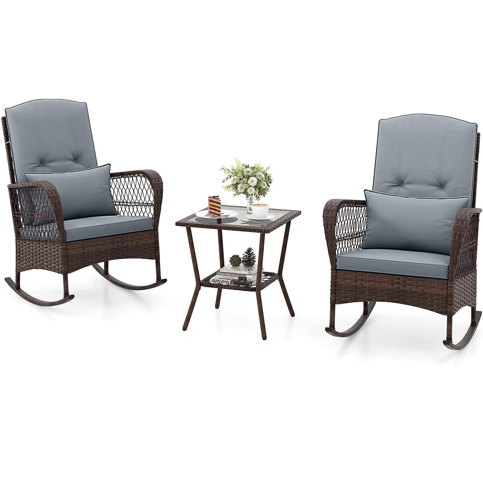 Topbuy 3 Pieces PE Rattan Rocking Bistro Set Rocking Chairs with 2Tier