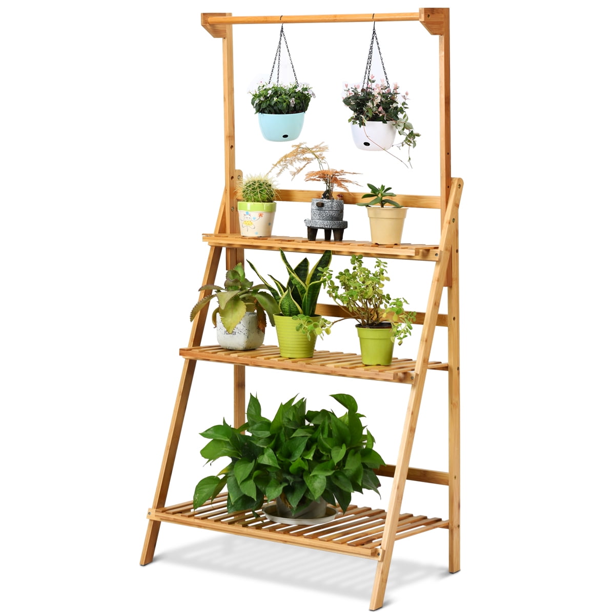 Topbuy 3 Tier Bamboo Hanging Folding Plant Shelf Stand Flower Pot ...